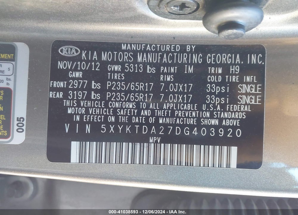 2013 KIA SORENTO LX V6 VIN: 5XYKTDA27DG403920