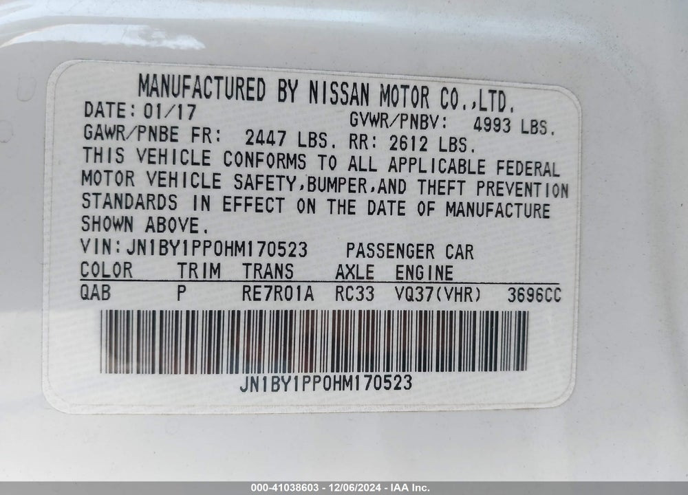 2017 INFINITI Q70L 3.7 VIN: JN1BY1PP0HM170523