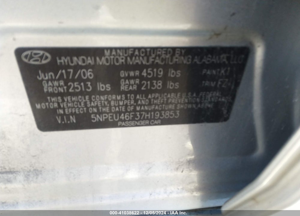 2007 HYUNDAI SONATA VIN: 5NPEU46F37H193853
