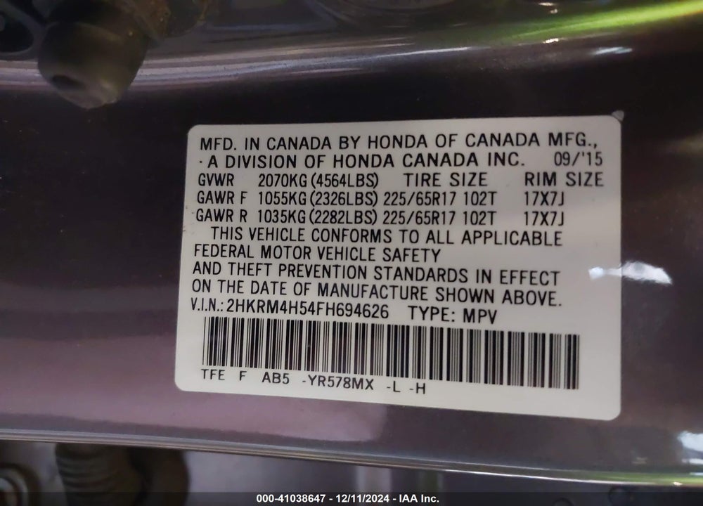 2015 HONDA CR-V EX VIN: 2HKRM4H54FH694626