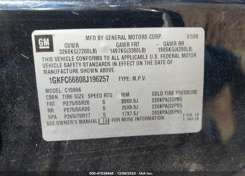 2008 GMC YUKON XL 1500 DENALI VIN: 1GKFC66808J196257