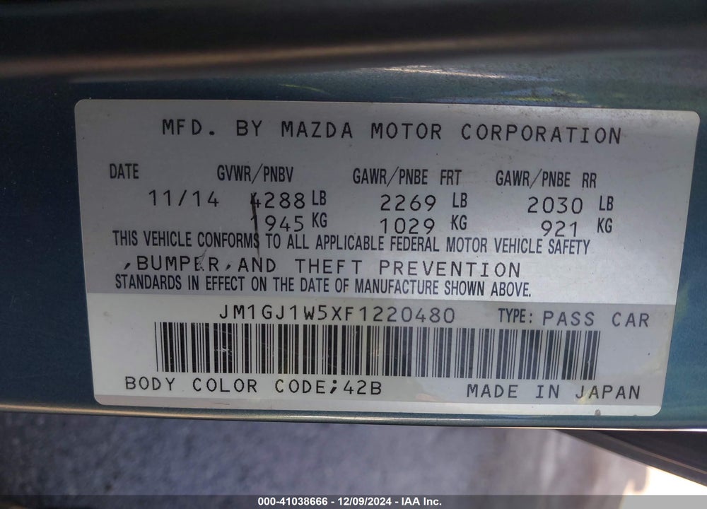 2015 MAZDA 6 I GRAND TOURING VIN: JM1GJ1W5XF1220480