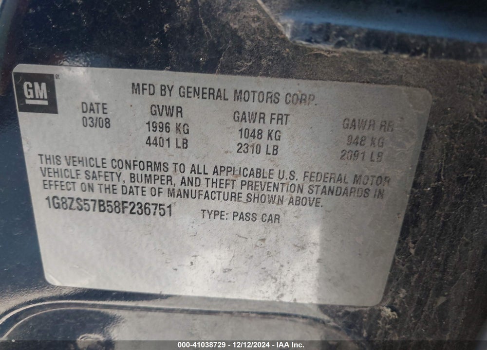 2008 SATURN AURA XE VIN: 1G8ZS57B58F236751