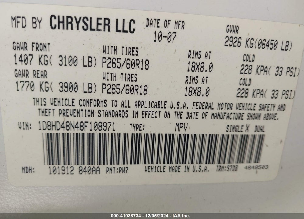 2008 DODGE DURANGO SLT VIN: 1D8HD48N48F108971