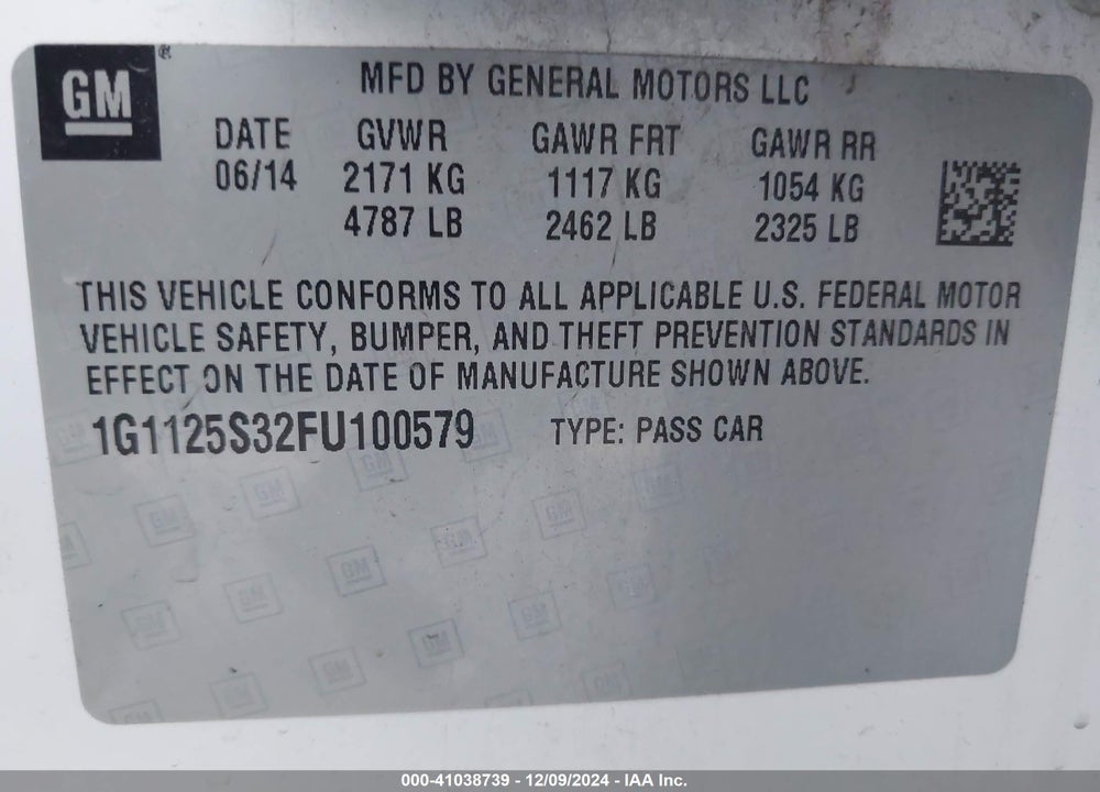 2015 CHEVROLET IMPALA 2LT VIN: 1G1125S32FU100579