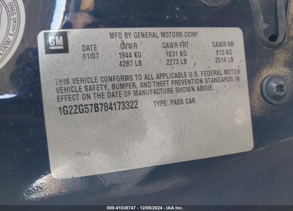 2008 PONTIAC G6 VIN: 1G2ZG57B784173322
