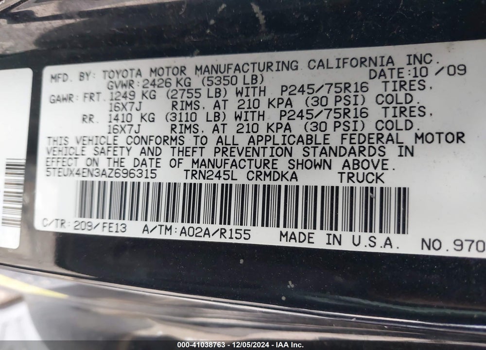 2010 TOYOTA TACOMA VIN: 5TEUX4EN3AZ696315