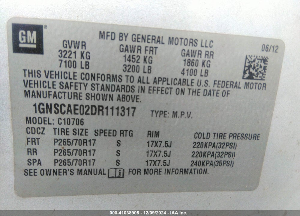 2013 CHEVROLET TAHOE LS VIN: 1GNSCAE02DR111317