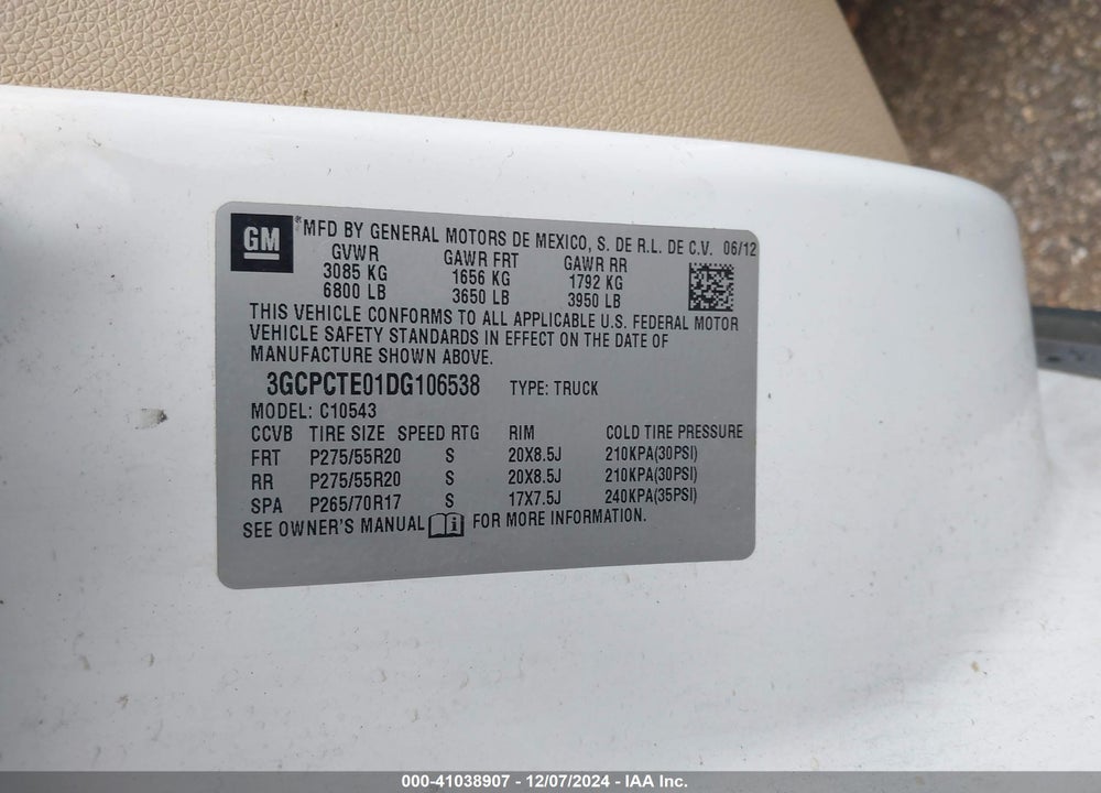 2013 CHEVROLET SILVERADO 1500 LTZ VIN: 3GCPCTE01DG106538