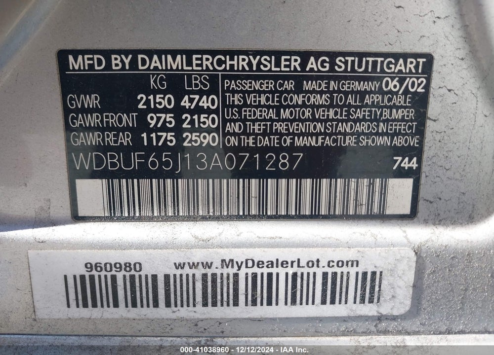 2003 MERCEDES-BENZ E 320 VIN: WDBUF65J13A071287