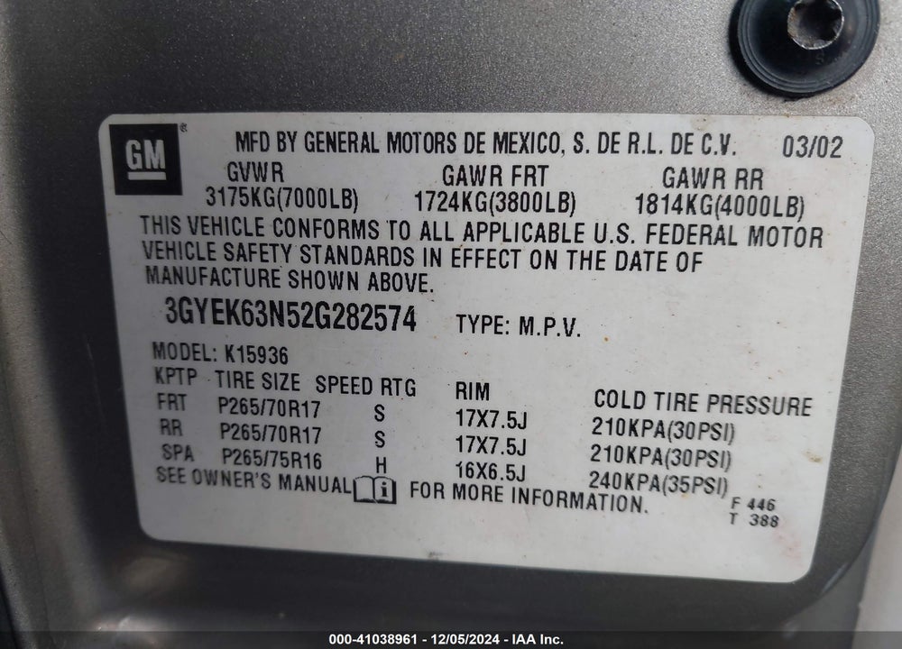 2002 CADILLAC ESCALADE EXT STANDARD VIN: 3GYEK63N52G282574