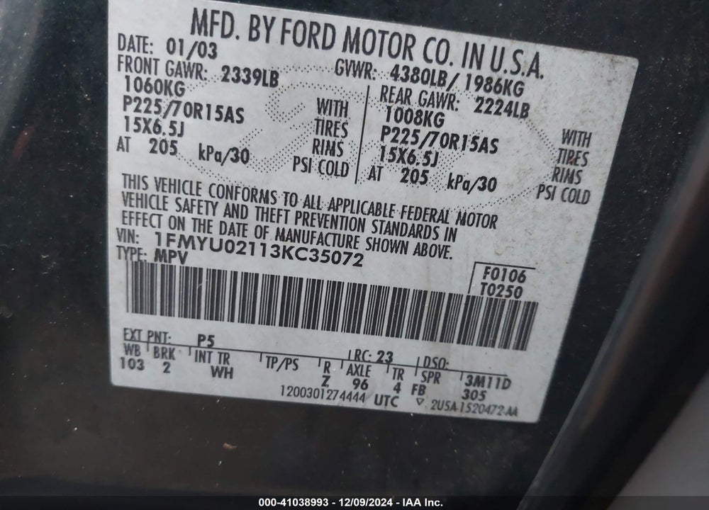 2003 FORD ESCAPE XLS VIN: 1FMYU02113KC35072