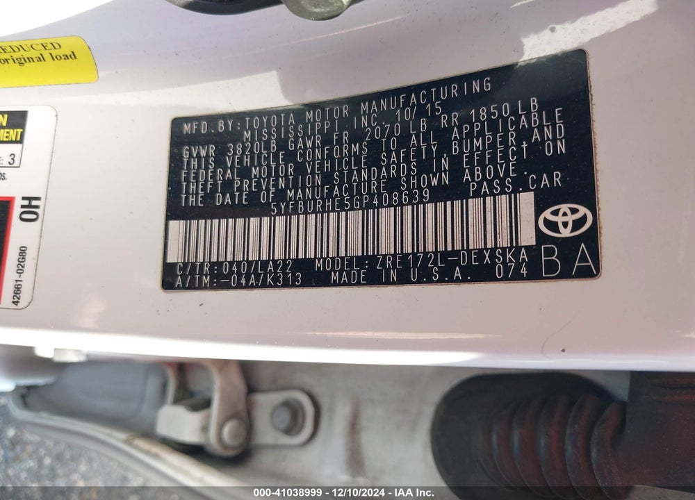 2016 TOYOTA COROLLA S PREMIUM VIN: 5YFBURHE5GP408639