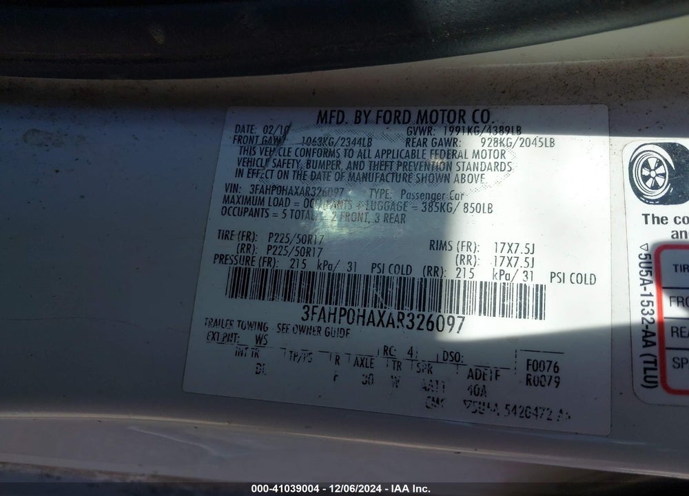 2010 FORD FUSION SE VIN: 3FAHP0HAXAR326097