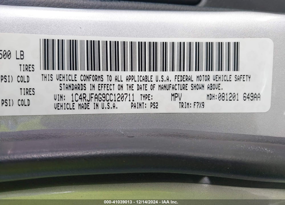 2012 JEEP GRAND CHEROKEE LAREDO VIN: 1C4RJFAG9CC120711