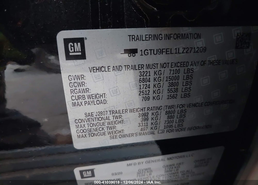 2020 GMC SIERRA 1500 VIN: 1GTU9FEL1LZ271209