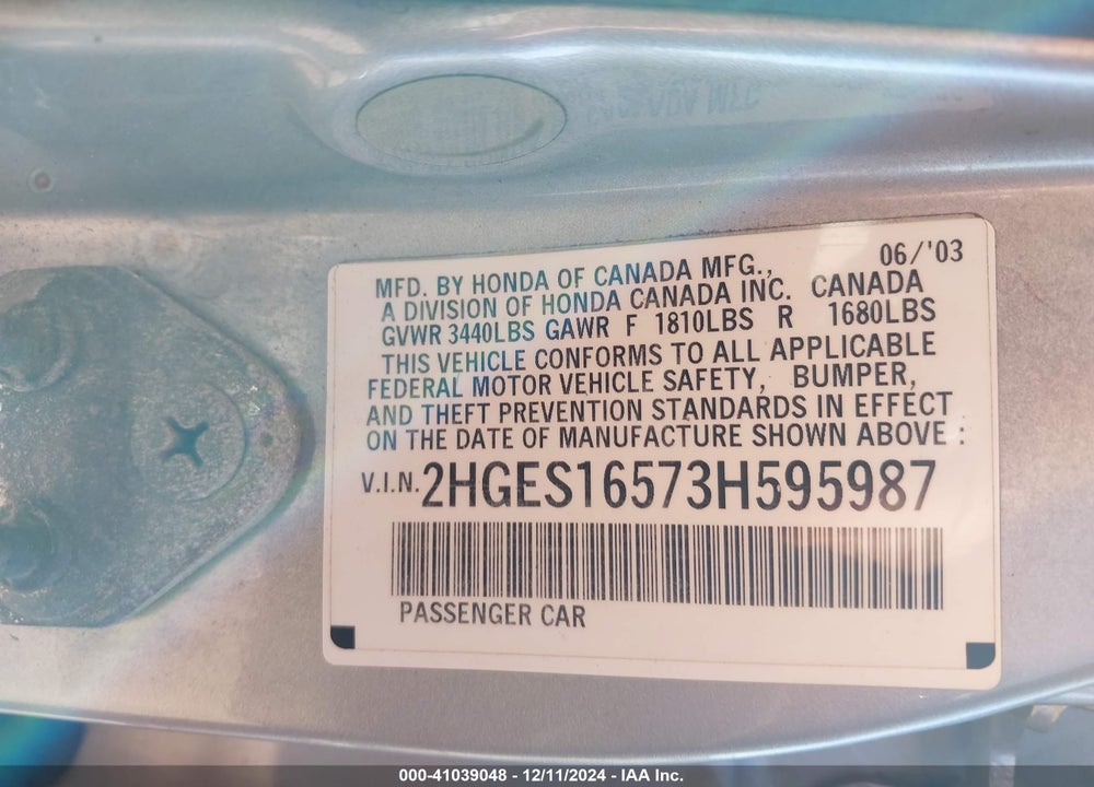 2003 HONDA CIVIC LX VIN: 2HGES16573H595987