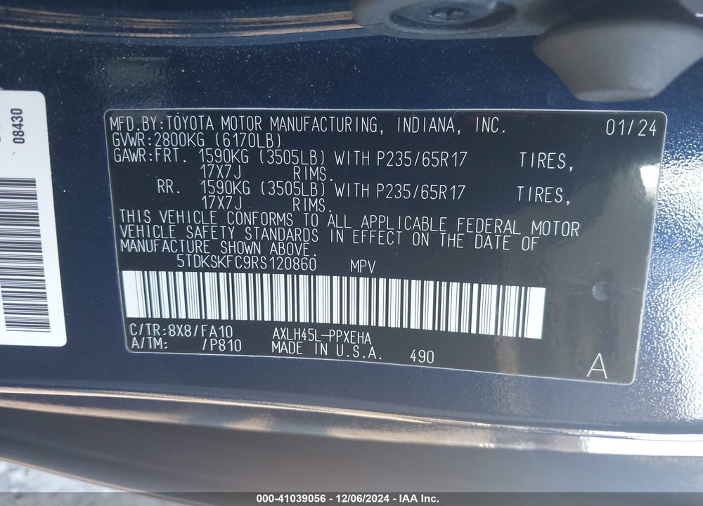 2024 TOYOTA SIENNA LE VIN: 5TDKSKFC9RS120860