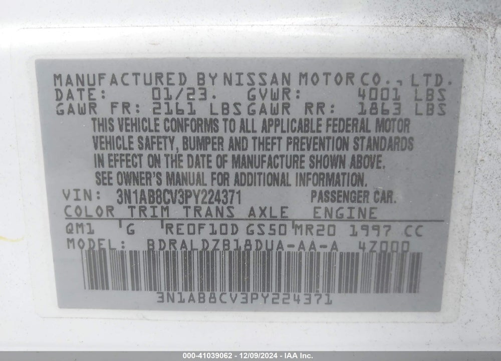 2023 NISSAN SENTRA SV XTRONIC CVT VIN: 3N1AB8CV3PY224371