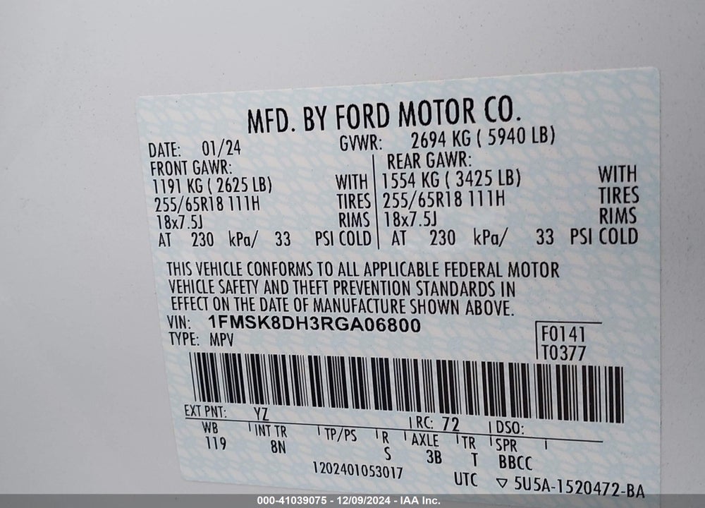 2024 FORD EXPLORER XLT VIN: 1FMSK8DH3RGA06800