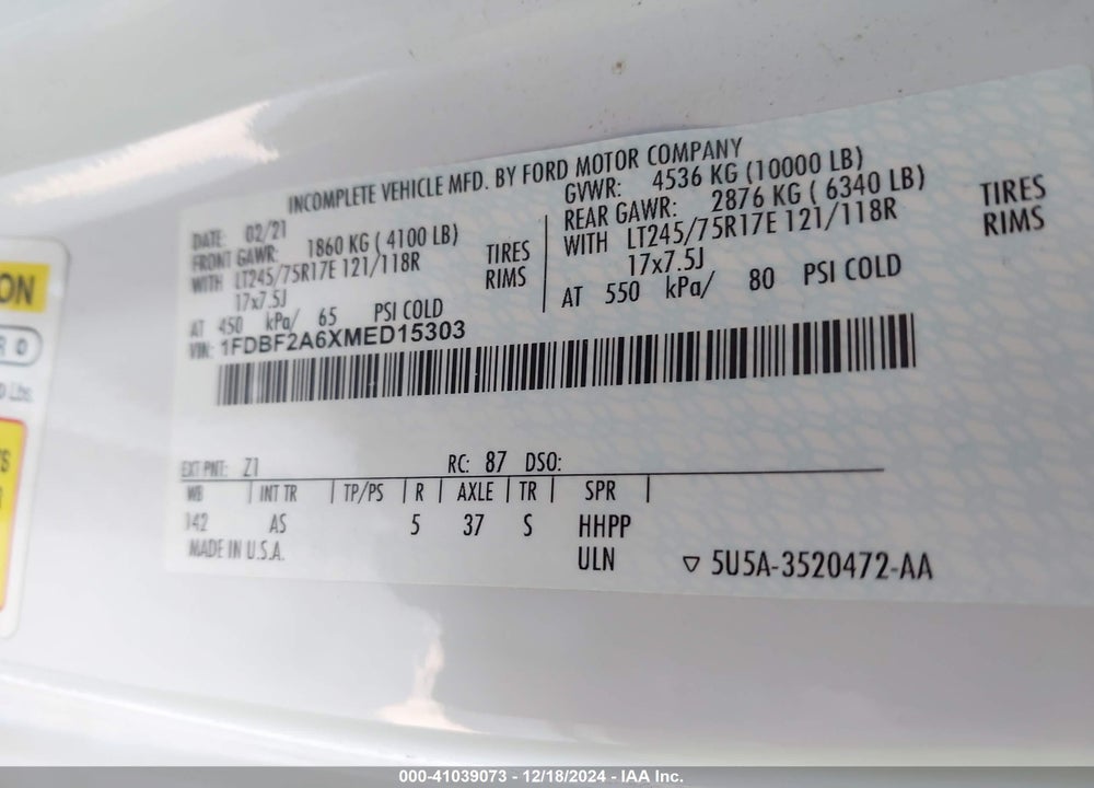 2021 FORD F-250 XL VIN: 1FDBF2A6XMED15303
