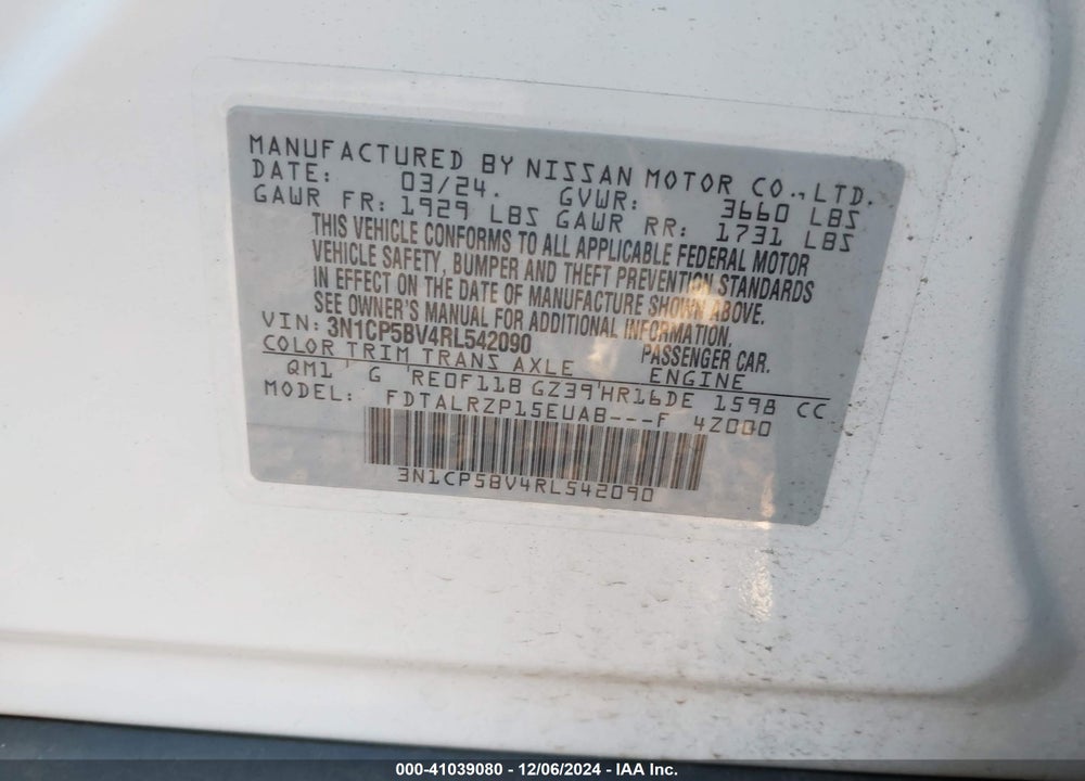 2024 NISSAN KICKS S XTRONIC CVT VIN: 3N1CP5BV4RL542090