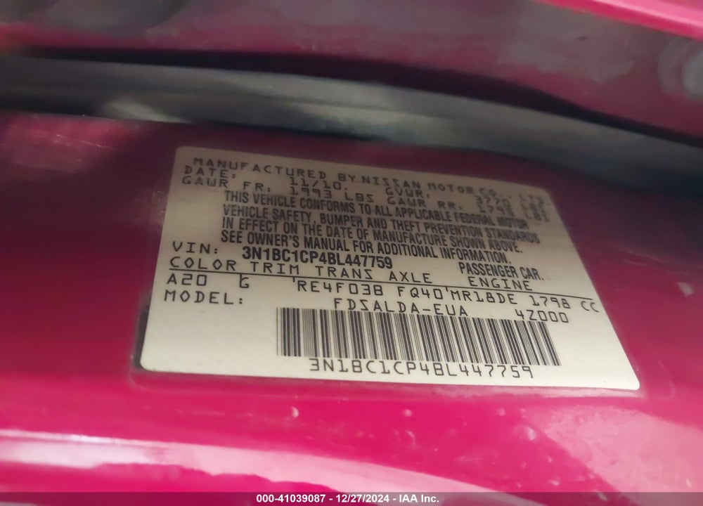 2011 NISSAN VERSA 1.8S VIN: 3N1BC1CP4BL447759
