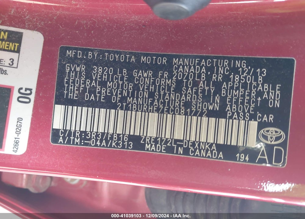 2014 TOYOTA COROLLA LE VIN: 2T1BURHE7EC081772
