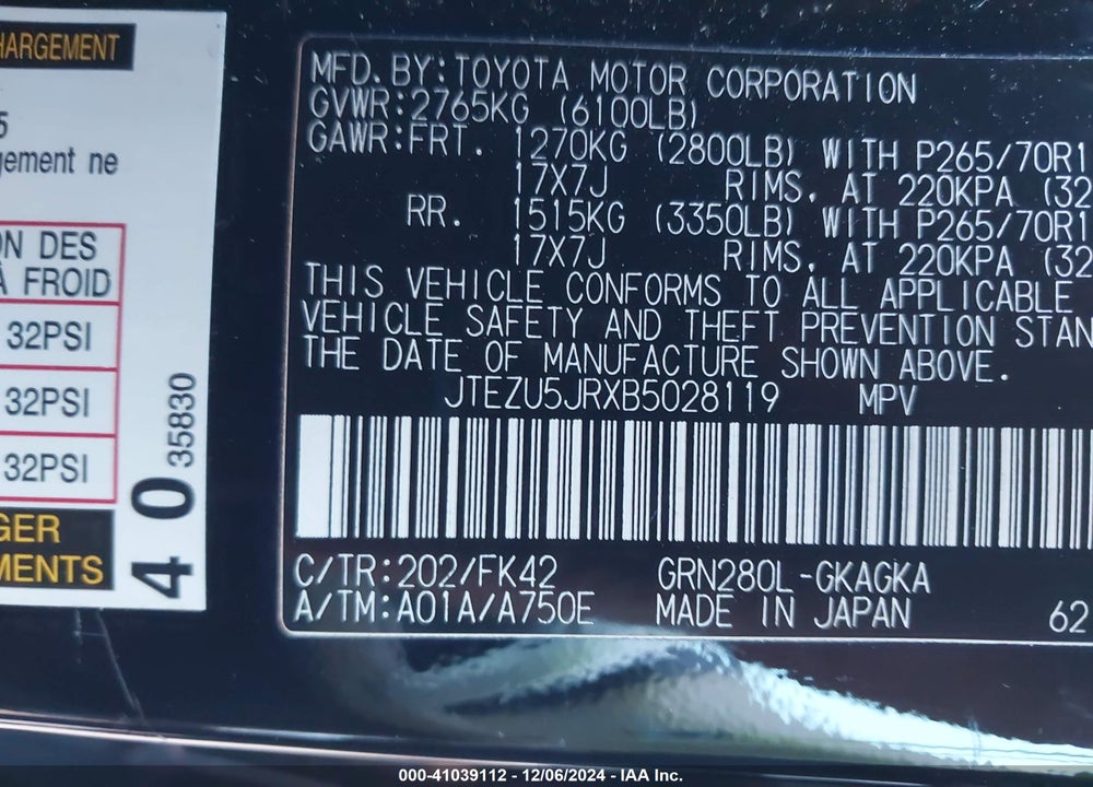 2011 TOYOTA 4RUNNER SR5 V6 VIN: JTEZU5JRXB5028119