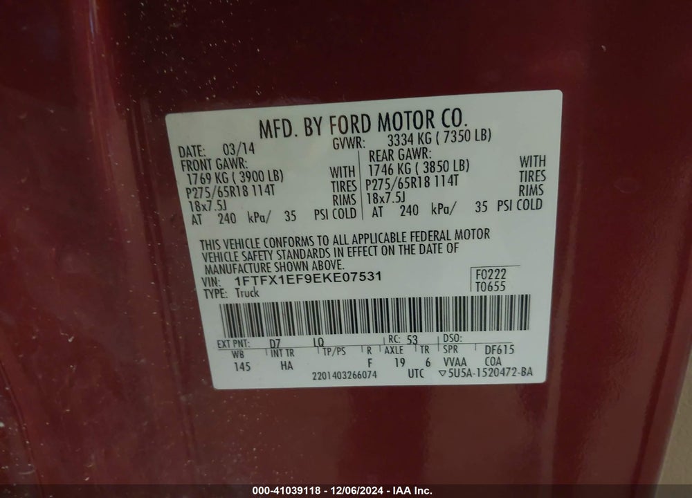 2014 FORD F-150 LARIAT VIN: 1FTFX1EF9EKE07531