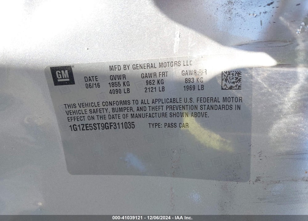2016 CHEVROLET MALIBU 1LT VIN: 1G1ZE5ST9GF311035