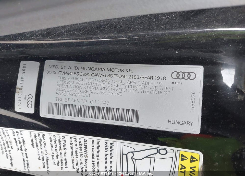 2013 AUDI TT 2.0T PREMIUM PLUS VIN: TRUBFAFK7D1014747