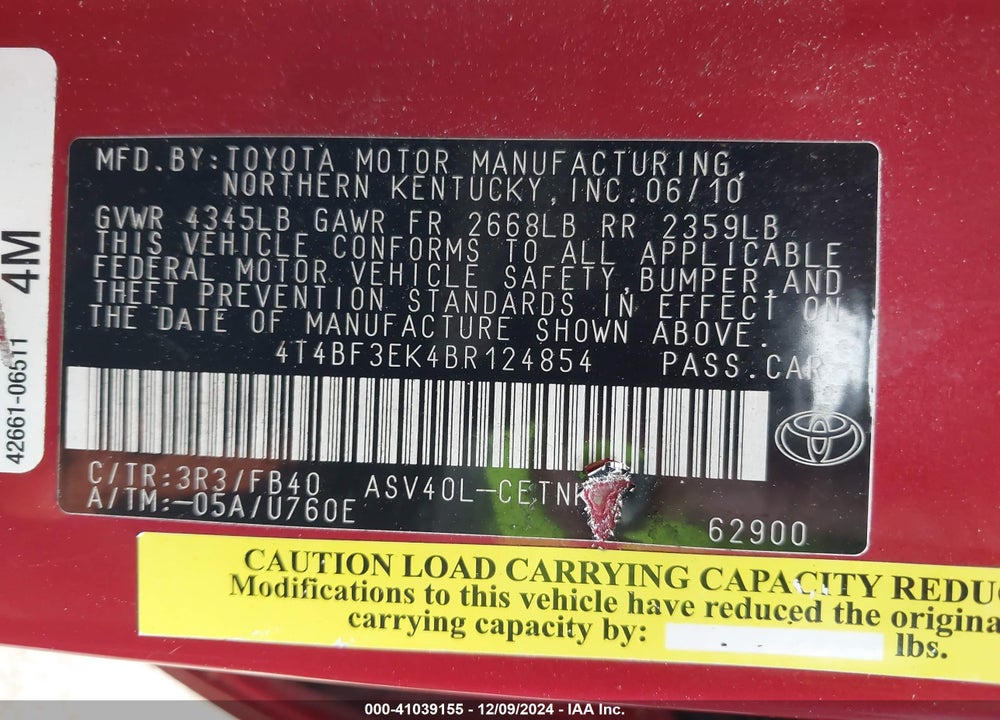 2011 TOYOTA CAMRY LE VIN: 4T4BF3EK4BR124854