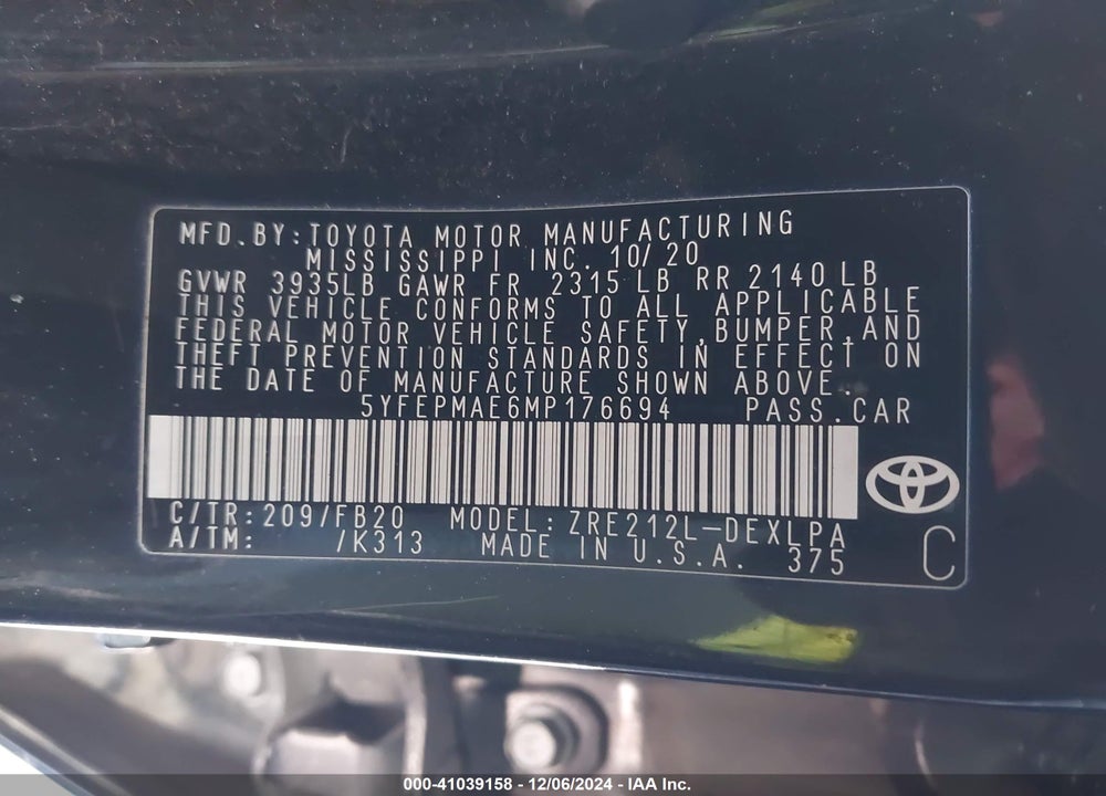 2021 TOYOTA COROLLA LE VIN: 5YFEPMAE6MP176694