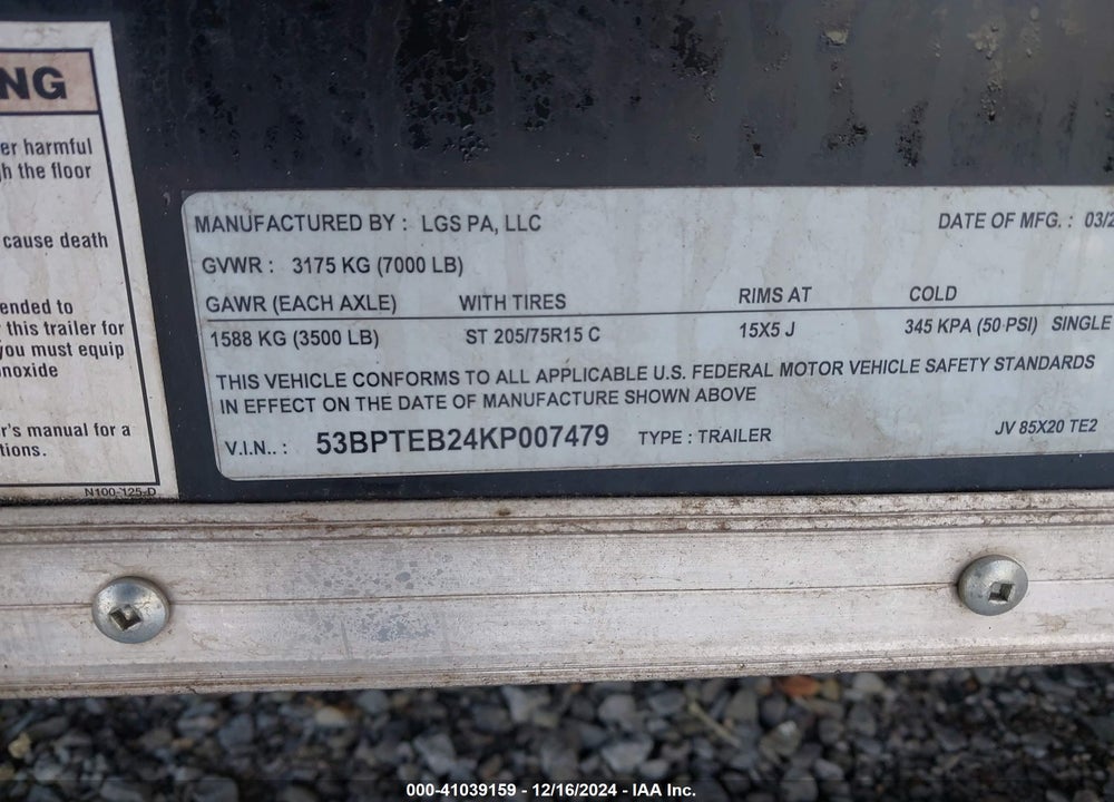 2019 PACE TRAILER VIN: 53BPTEB24KP007479