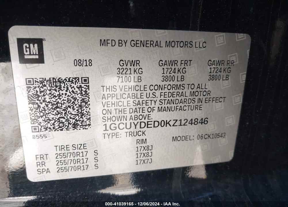 2019 CHEVROLET SILVERADO 1500 VIN: 1GCUYDED0KZ124846