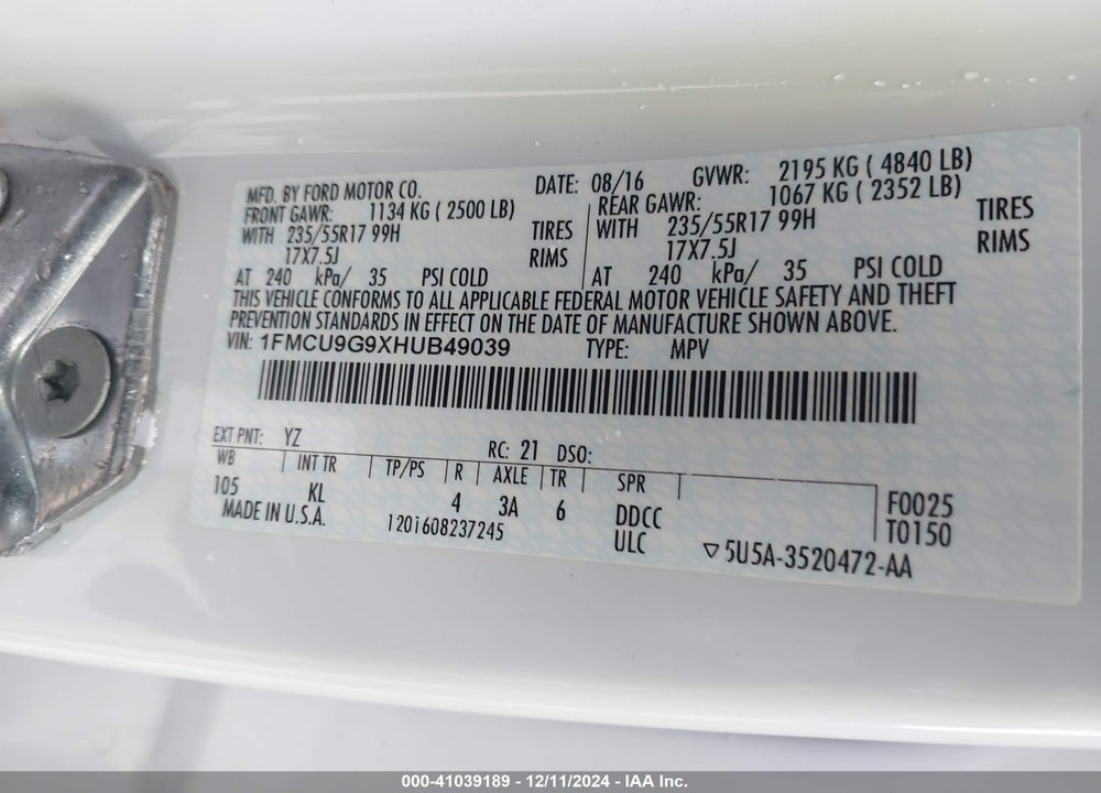2017 FORD ESCAPE SE VIN: 1FMCU9G9XHUB49039