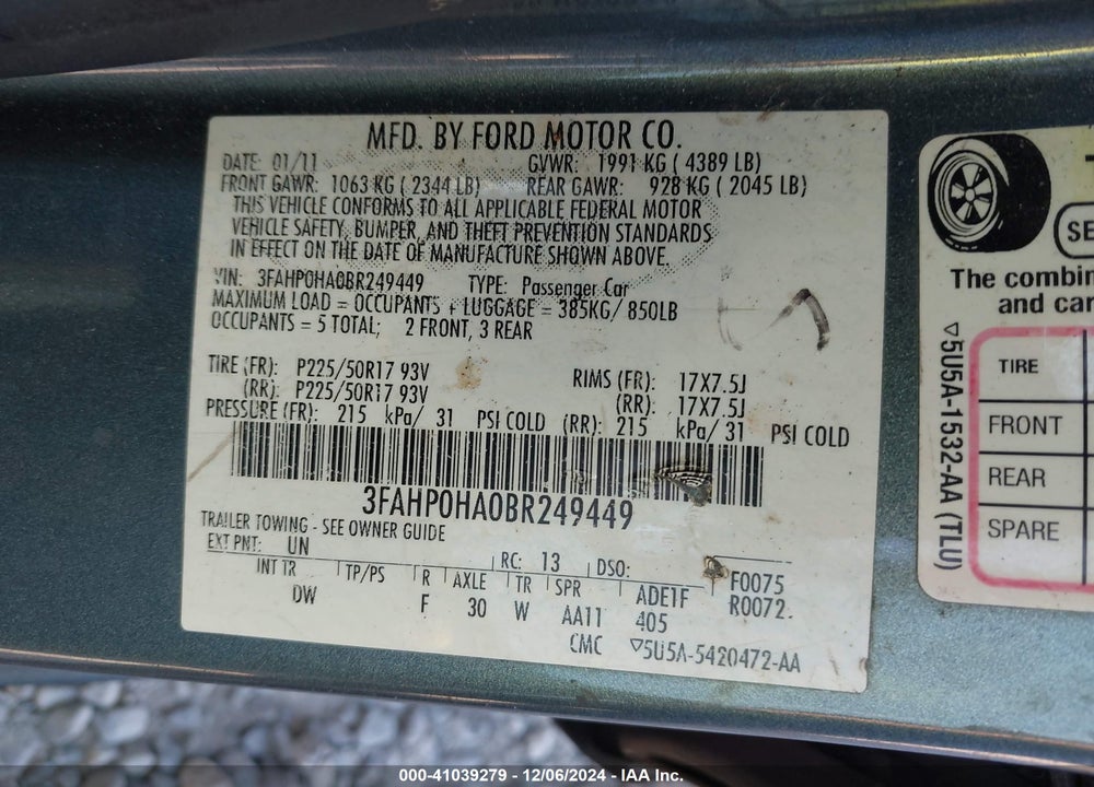 2011 FORD FUSION SE VIN: 3FAHP0HA0BR249449