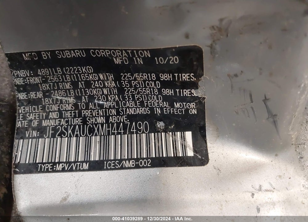 2021 SUBARU FORESTER VIN: JF2SKAUCXMH447490