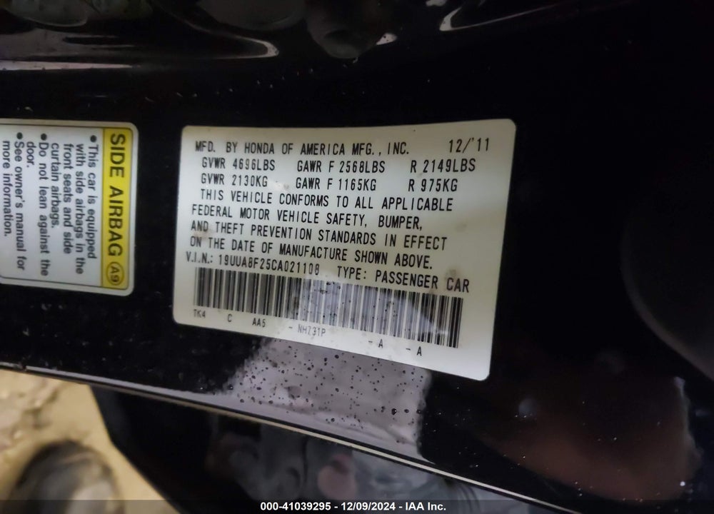 2012 ACURA TL 3.5 VIN: 19UUA8F25CA021108
