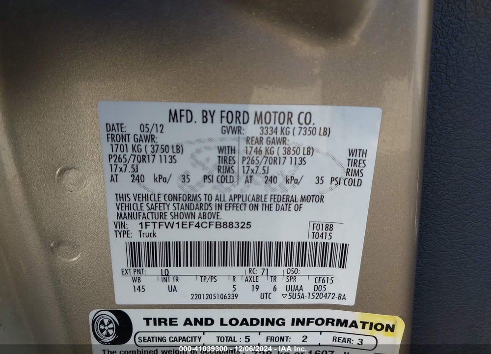 2012 FORD F-150 VIN: 1FTFW1EF4CFB88325