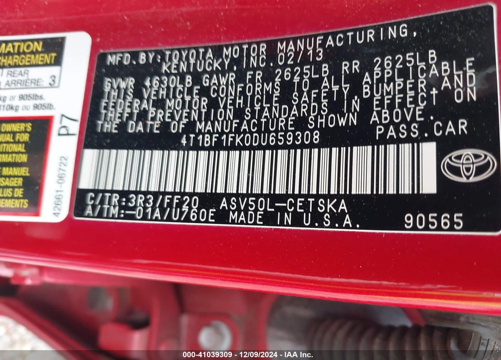2013 TOYOTA CAMRY SE VIN: 4T1BF1FK0DU659308