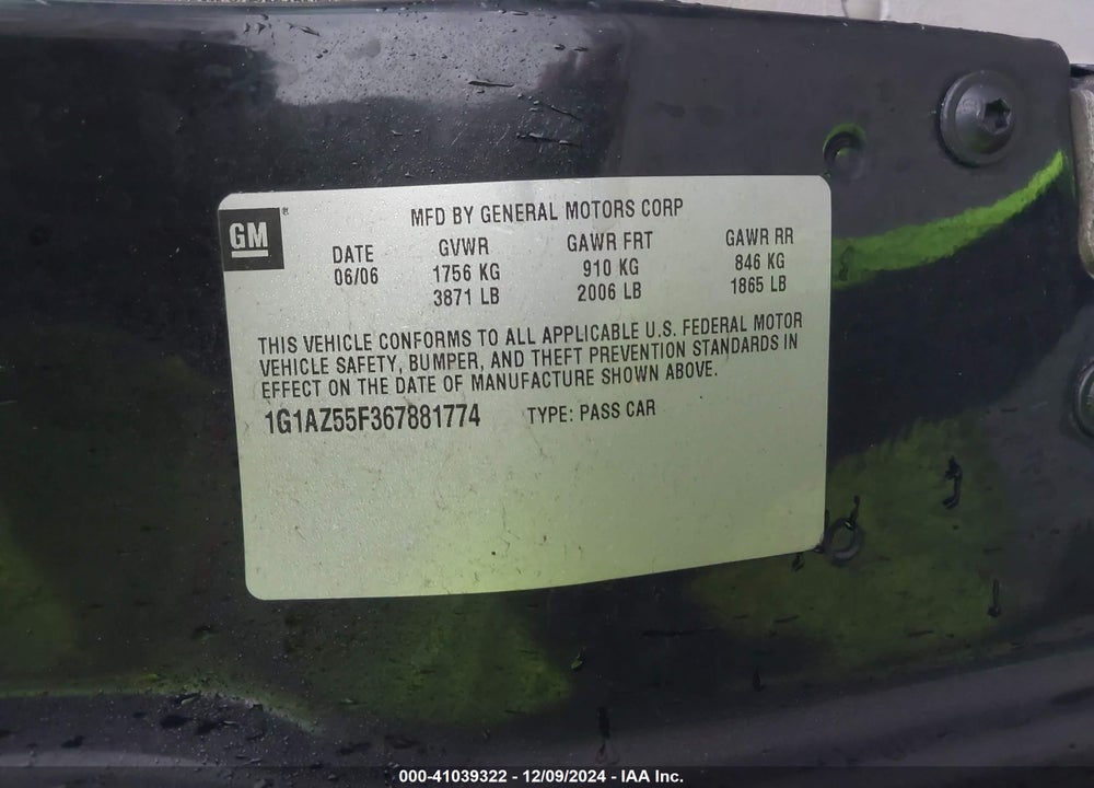 2006 CHEVROLET COBALT LTZ VIN: 1G1AZ55F367881774