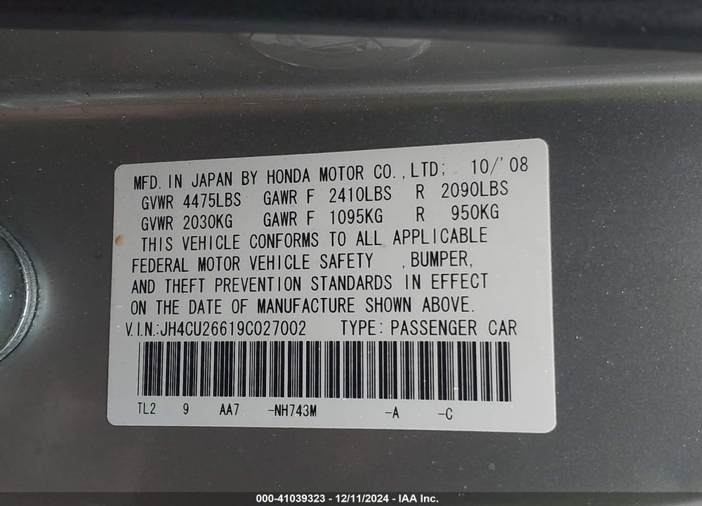 2009 ACURA TSX VIN: JH4CU26619C027002
