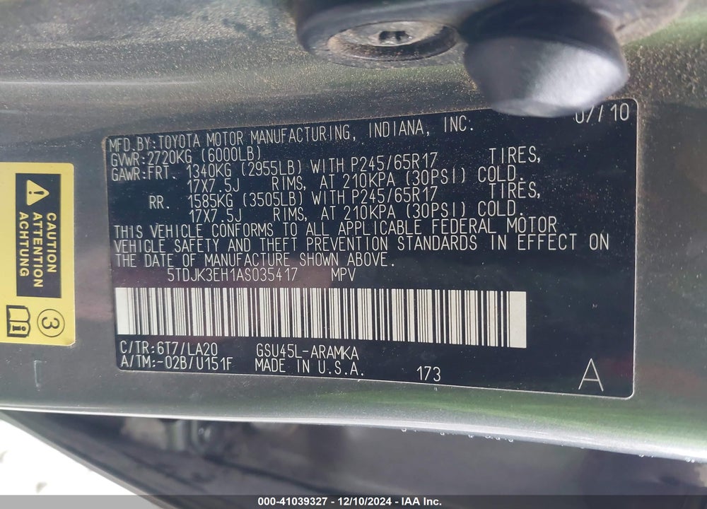 2010 TOYOTA HIGHLANDER SE V6 VIN: 5TDJK3EH1AS035417