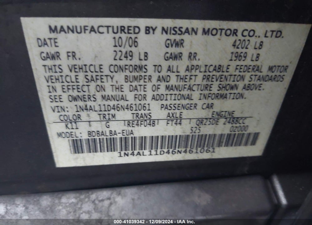2006 NISSAN ALTIMA VIN: 1N4AL11D46N461061