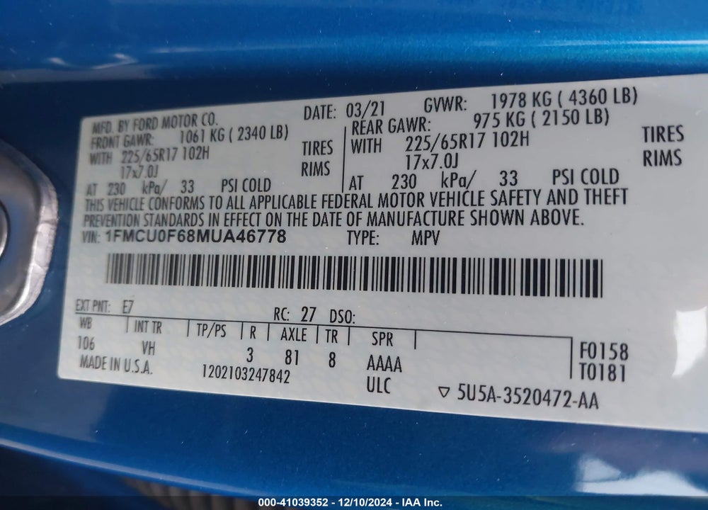 2021 FORD ESCAPE VIN: 1FMCU0F68MUA46778