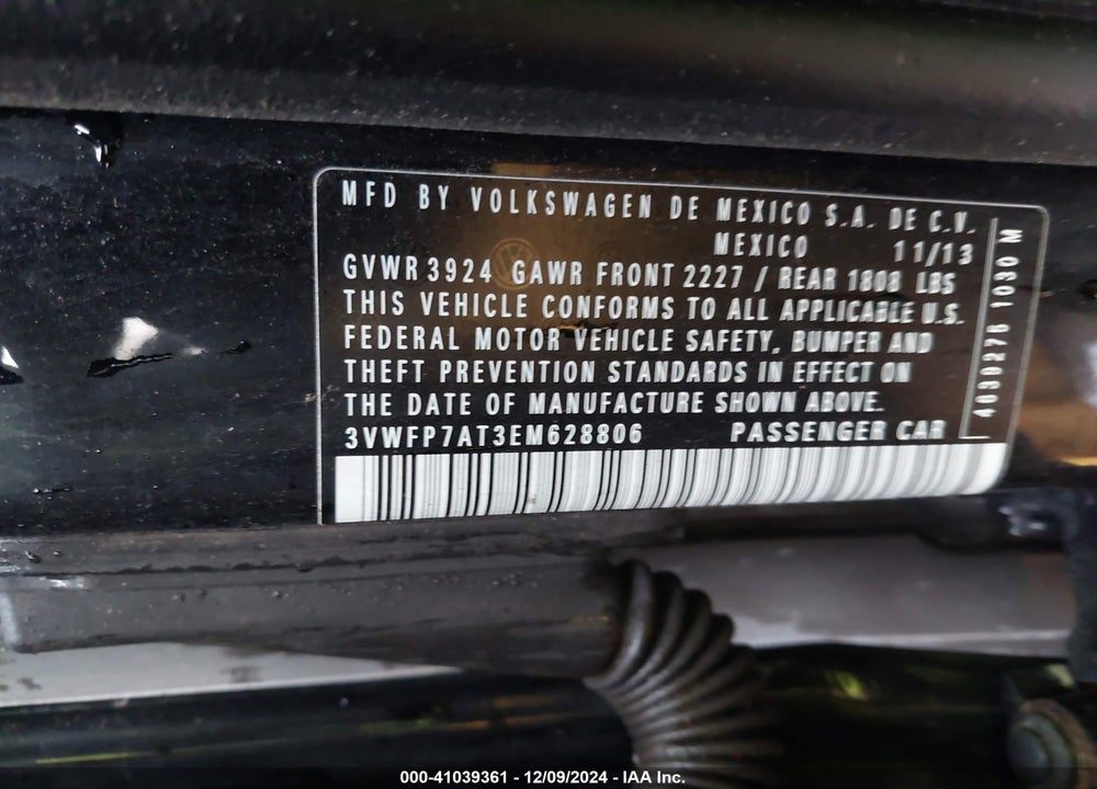 2014 VOLKSWAGEN BEETLE 2.5L ENTRY VIN: 3VWFP7AT3EM628806