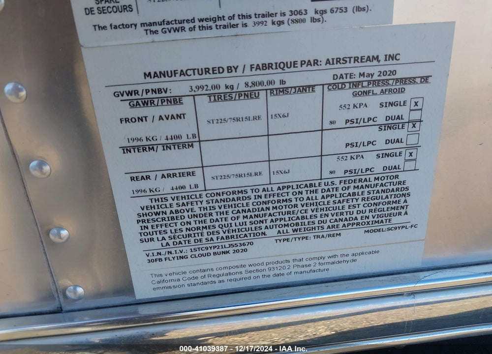 2020 AIRSTREAM FLYING CLOUD VIN: 1STC9YP21LJ553670