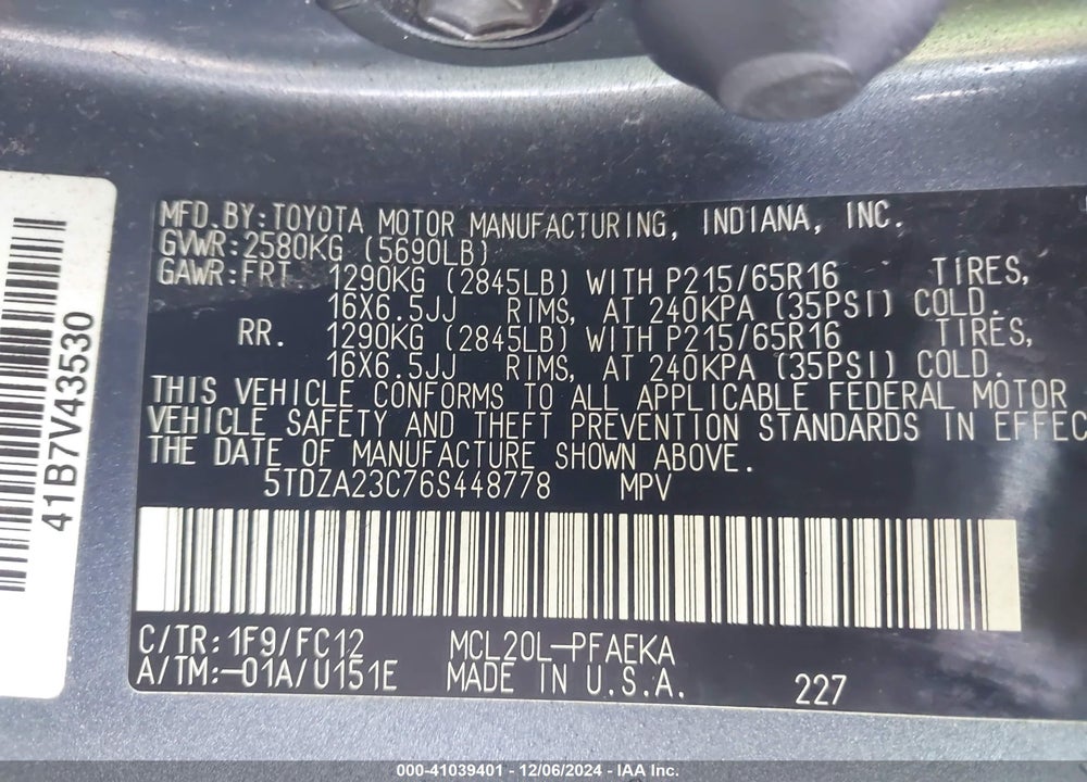 2006 TOYOTA SIENNA LE VIN: 5TDZA23C76S448778